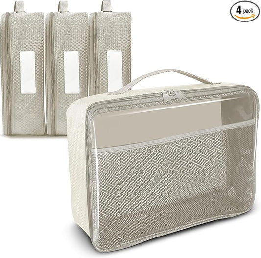 Toy Storage Bag, On the Go Toy Storage Organizer, Car Toy Organization, Blocks Travel Bag, Activity Bags for kids, Traveling Carrying Case, Storage Organizer (Large 4pc Beige Bags)
