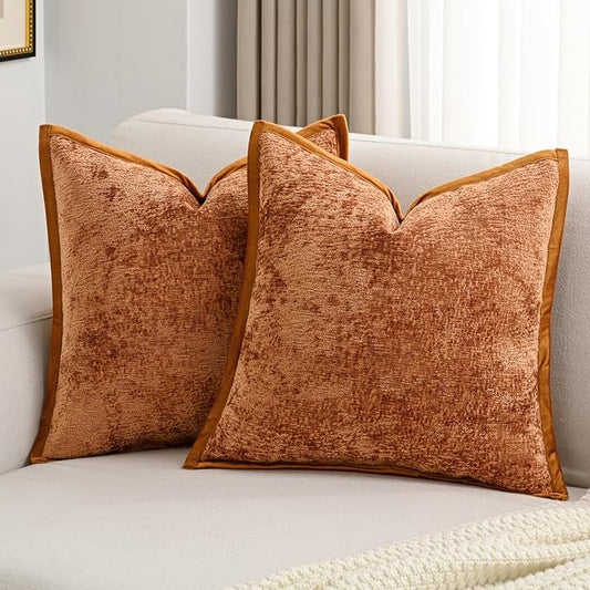FUTEI Rust Chenille Throw Pillow Covers 24x24 Inch Set of 2,Soft Cozy Bound Edge Design European Cushion Cover,Home Decor for Couch Bed Living Room