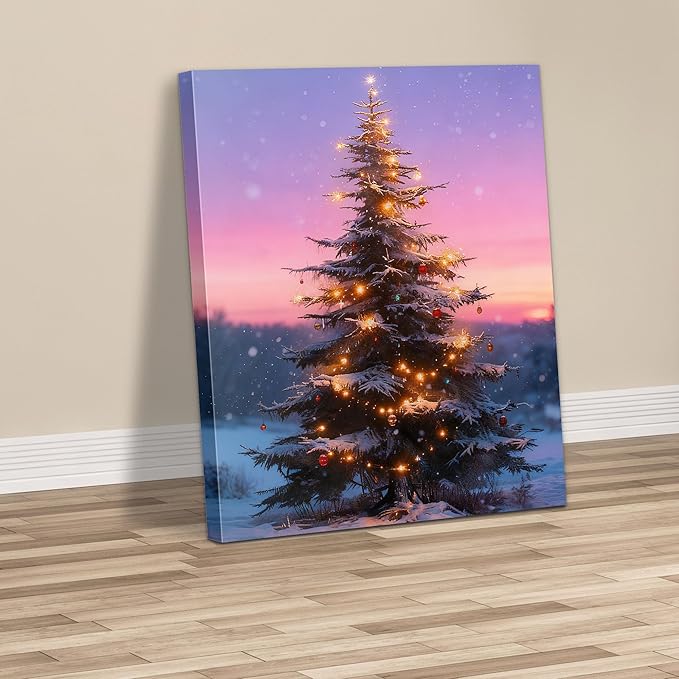 Framed Christmas Pictures Wall Decor,Vintage Pine Tree Prints,Winter Christmas Canvas Wall Art Decoration for Bedroom Bathroom Living Room Rustic Xmas Holiday Gifts (Christmas Tree 12, 24'' X 36'')