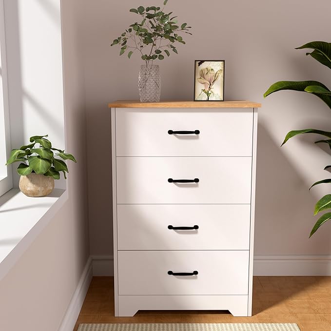Farmhouse 4 Drawer Dresser, Small Wooden Chest of Drawers Classic White Dresser for Bedroom Living Room Entryway (White, 4 Drawer)