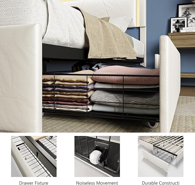 King Size Bed Frame with Adjustable Headboard, Upholstered Platform Bed with 4 Storage Drawers, Wooden Slats Support, Built in Charging Station & LED, Noise-Free, No Box Spring Needed, Beige