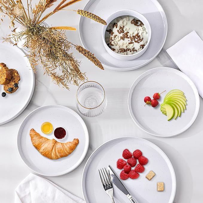 GBHOME Dinnerware Set for 4, 12 Piece Speckled Plates and Bowls Set with Glazed Bottom, Chip & Scratch Resistant Stoneware Plates Sets, Dishwasher & Microwave Safe Dishes (White, Service for 4)