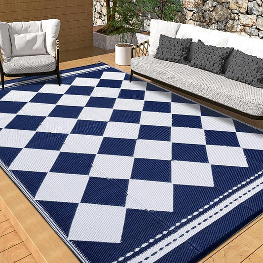 OMERAI Reversible Waterproof Outdoor Rug for Backyard,Plastic Textured Resistant Outdoors Rugs,Portable Washable Easy Cleaning Foldable Camping Beach Carpet for Patio Courtyard, 5'x8' Blue & White