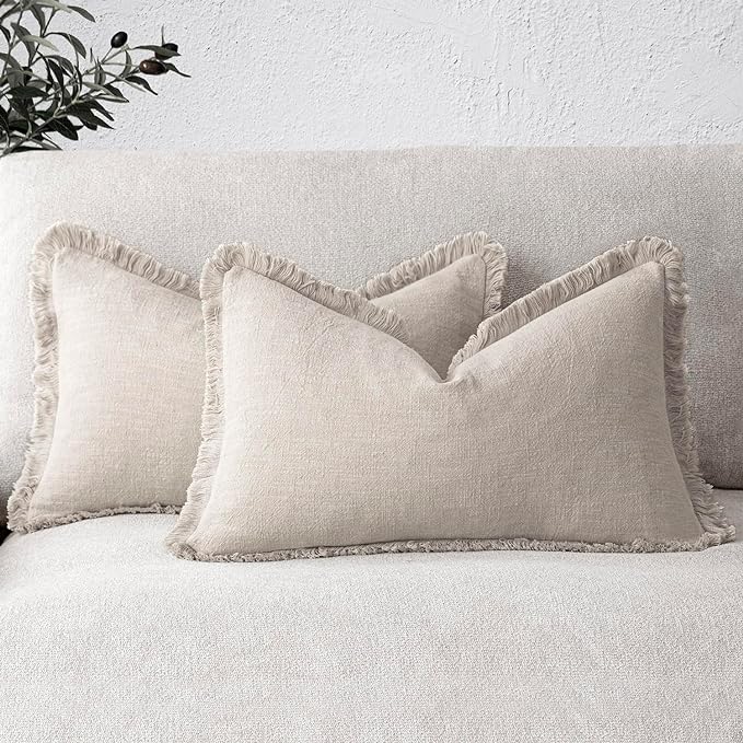 Foindtower Set of 2 Decorative Linen Fringe Throw Pillow Covers Boho Farmhouse Cushion Cover with Tassels Accent Pillowcase for Couch Bed Sofa Living Room Home Bedroom Decor, 12×24 Inch, Natural Beige