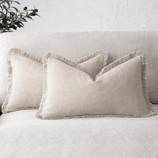 Foindtower Set of 2 Decorative Linen Fringe Throw Pillow Covers Boho Farmhouse Cushion Cover with Tassels Accent Pillowcase for Couch Bed Sofa Living Room Home Bedroom Decor, 12×24 Inch, Natural Beige
