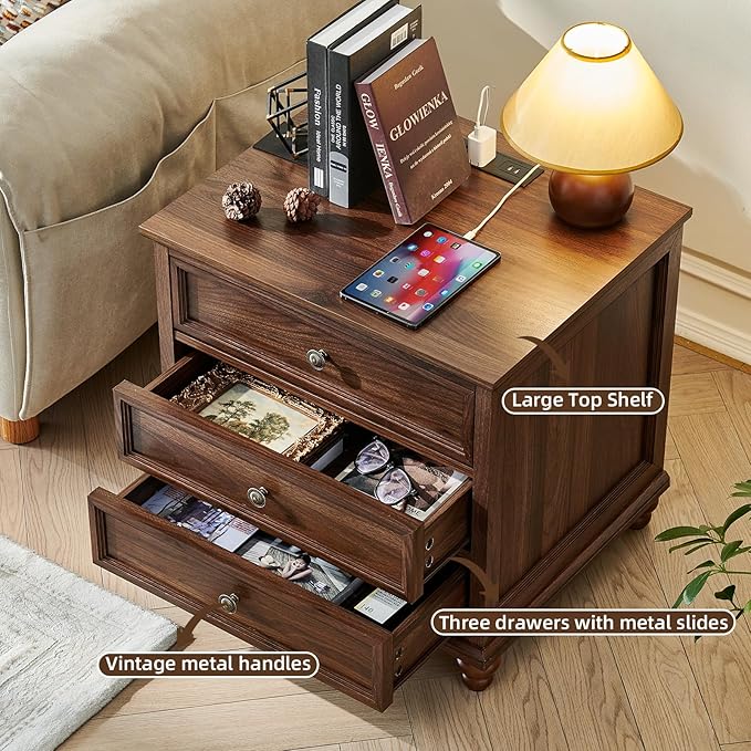 Farmhouse Nightstand with Charging Station, 24" Wide End Table with 3 Drawers,Brown Wood Dresser for Bedroom, Bed Side Table Chest of Drawers Cabinet,Night Stand for Living Room, Closet
