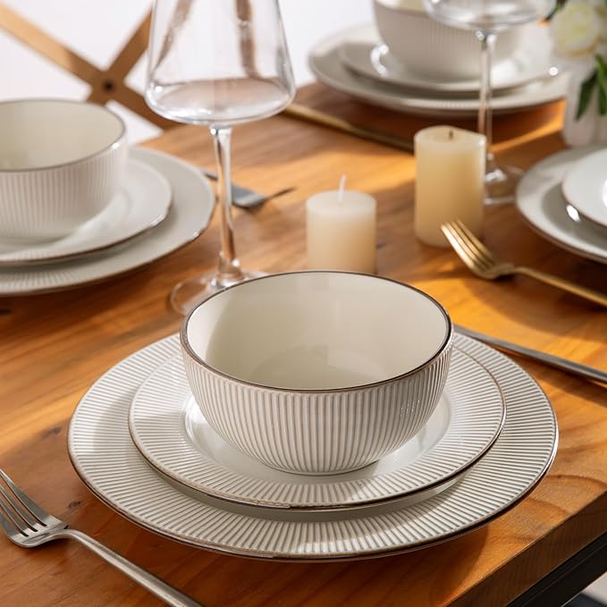 GBHOME Ceramic Dinnerware Sets,12 pcs Embossed Elegant Stoneware Plates and Bowls Sets, Housewarming Wedding Gift | Dishwasher & Microwave Safe | Dishes Set Service for 4