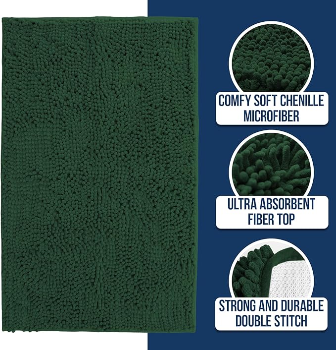 Muddy Mat Chenille Bathroom Rugs Quick Dry Microfiber Mats Non Slip Washable, Extra Thick, Soft and Highly Absorbent Bath Mats for Bathroom, Kitchen, and Shower Floor - Dark Green Runner 59"X24"