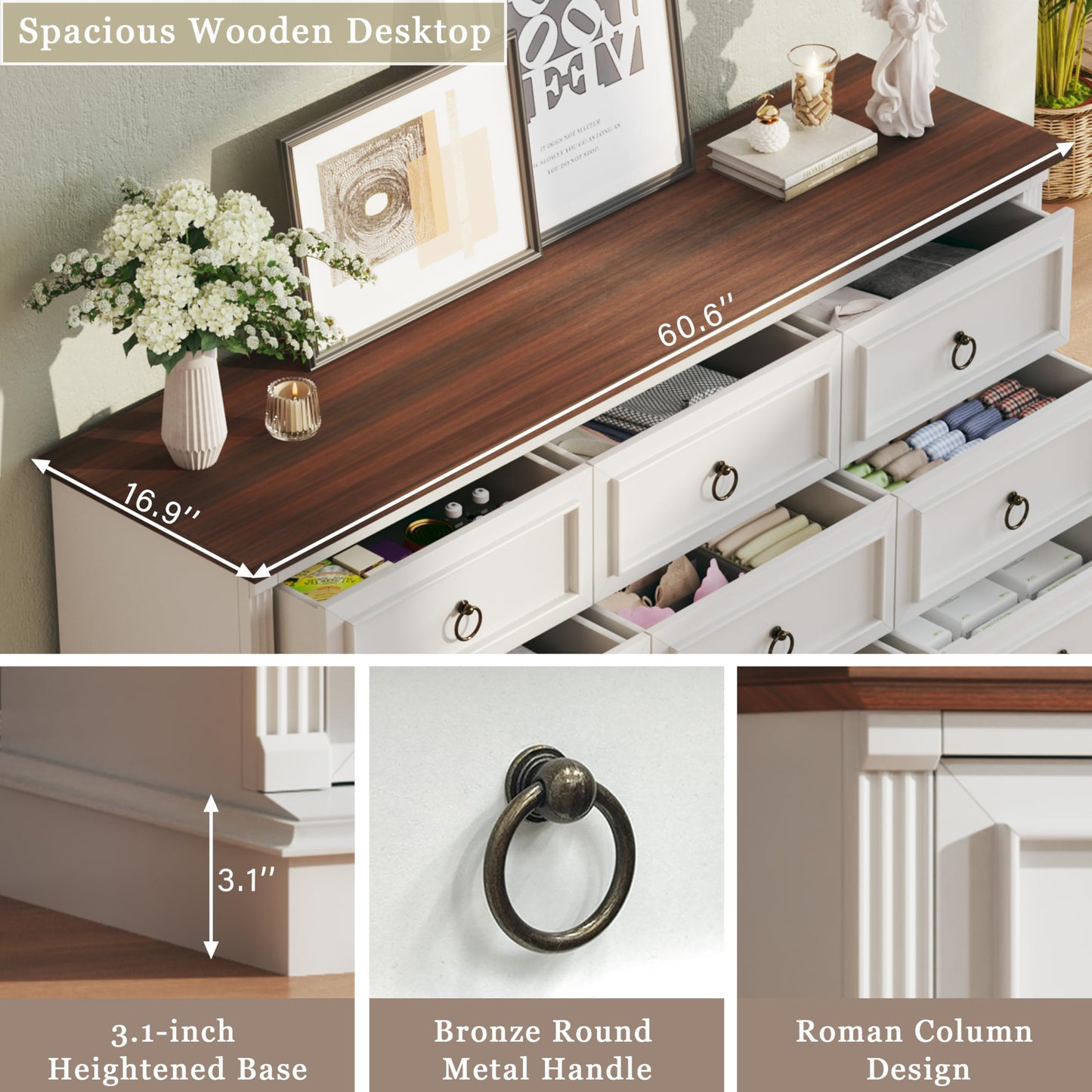HUAHUU Farmhouse 9 Drawer Dresser for Bedroom, 60" Wide Wood Dresser with Roman Column, Chest of Drawers with Antique Bronze Circle Handles, Storage Organizer for Living Room, Hallway, Entryway, White