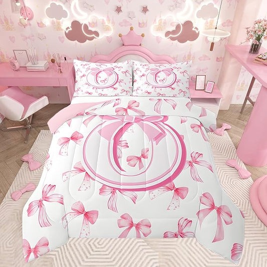 jejeloiu Kids Girls Cute Pink Bow Comforter Set Full Size Monogrammed Bedding Set Ultra Soft Personalized Initial O Duvet Quilt Coquette Bow Knot Quilt Set Room Decor Modern Fashion Comforter