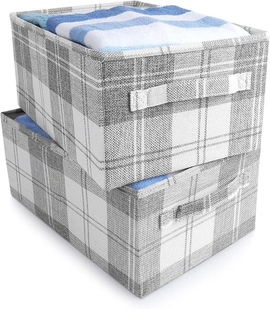 ANMINY 2PCS Storage Baskets Closet Storage Organizer Bins with Handles, Foldable Large Fabric Storage Bins for Shelves, Rectangular Baskets Laundry Clothes Blanket Cubes - Light Gray, Medium