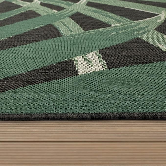 Tropical Outdoor Rug Palm Tree & Jungle Design Flatweave in Black Green, Size: 4'7" x 6'7"