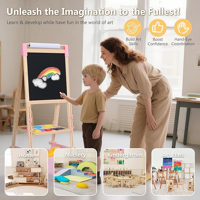 Kinder King Wooden Kids Easel, 3 in 1 Adjustable Art Easel for Kids, Double-Sided Magnetic Whiteboard & Chalkboard, Paper Roller, Art Supplies, Coloring Drawing Easel Toddler Gift Ages 3+, Pink