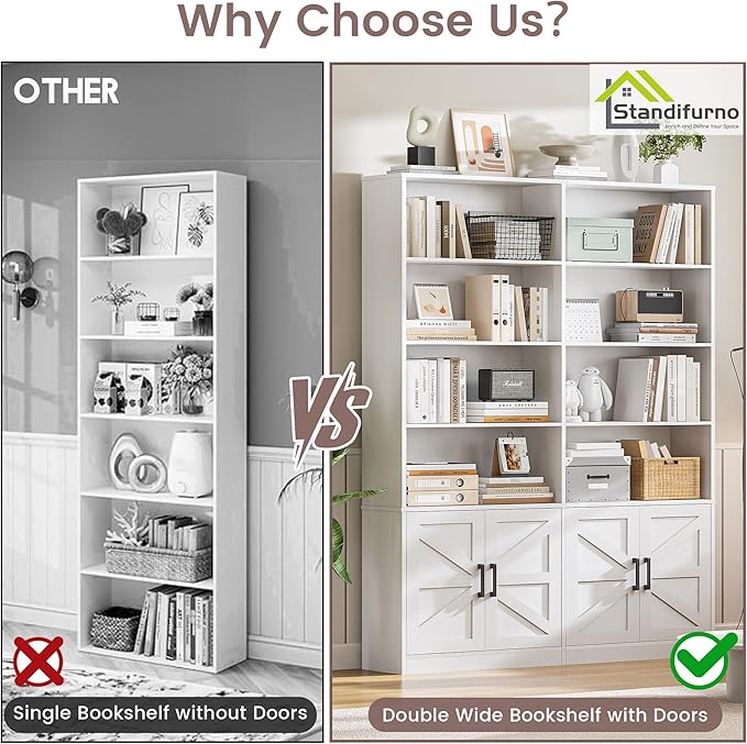 Farmhouse Bookshelf and Bookcase with 4 Doors Set of 2, 6 Tier Large Book Shelf with Storage Cabinets, Floor Standing Display Shelves, 71” Tall Book Case for Home Office, White