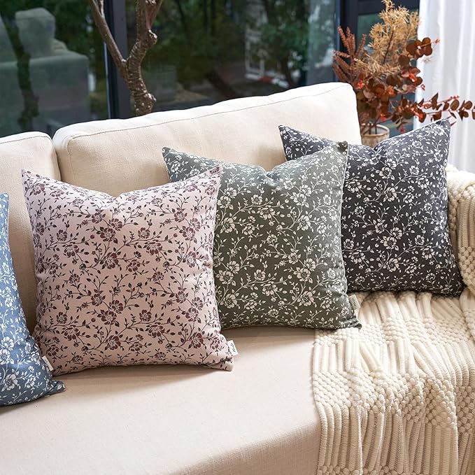Alerfa Set of 2 Floral Pillow Covers 18x18, Vintage Block Print Throw Pillow Covers Decorative Farmhouse Accent Couch Pillows for Living Room Bedroom, Dark Olive-Green