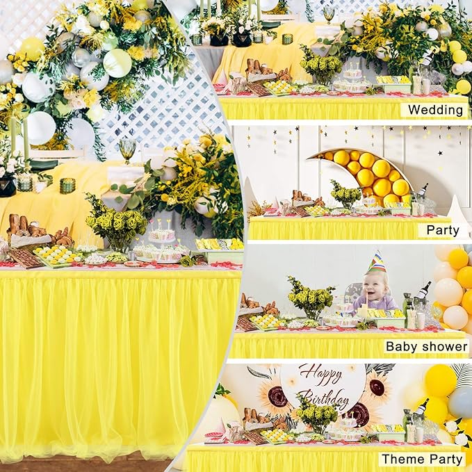 Suppromo Yellow Tulle Table Skirts for Rectangle Tables or Round Tables 9ft Tutu Table Skirts for Birthday Party Girls Boys Baby Shower Wedding Cake Dessert Decorations