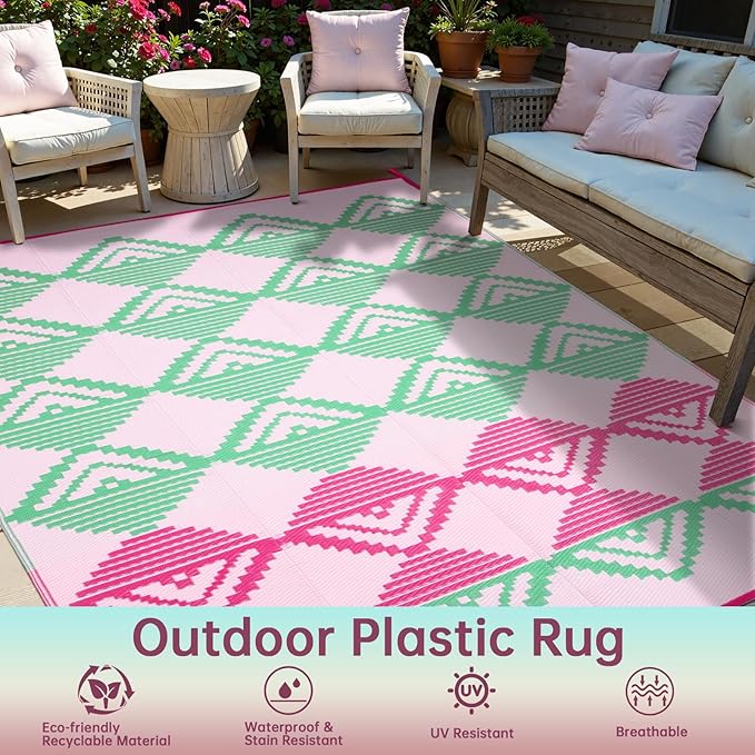Beeiva Outdoor Rug Waterproof 6x9, Reversible Outdoor Plastic Straw Rug for Camping, Modern Geometric Large Patio Rugs for Porch, Deck, Backyard, Balcony, Picnic - Pink & Green