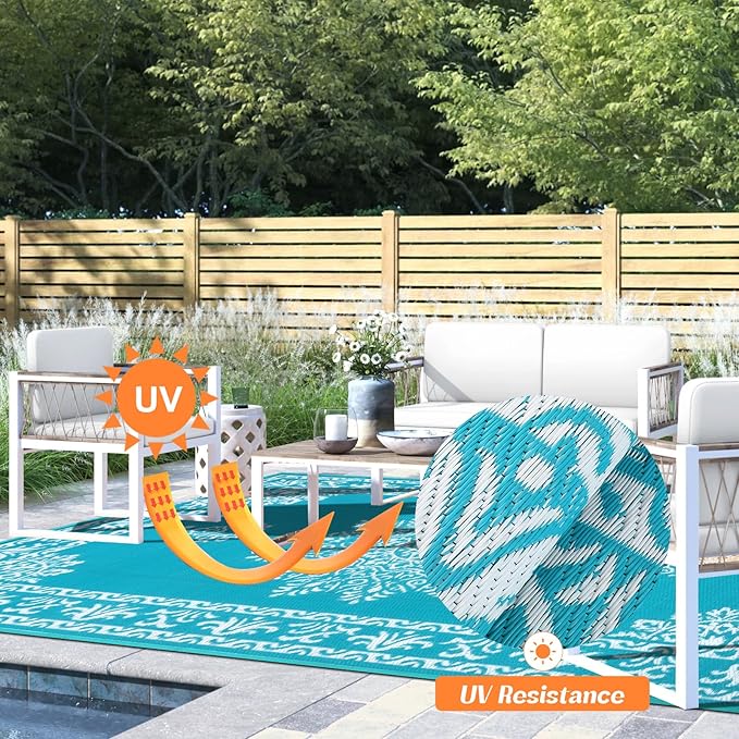 Yamaziot Outdoor Rug 9x12 Ft, Waterproof Plastic Straw Patio Rug, Reversible Backyard Carpet UV Resistant Portable RV Mat Clearance, Large Indoor Outdoor Rug for Patio, Porch, Deck, Balcony, Teal