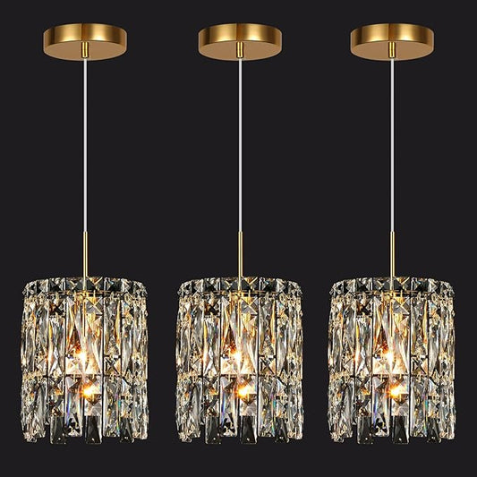 Modern K9 Crystal Pendant Lights Kitchen Island Set of 3,Gold Chandeliers for Dining Room Light Fixtures Over Table,Hanging Chandelier for Kitchen Island Entryway Bathroom BedHead Bedroom