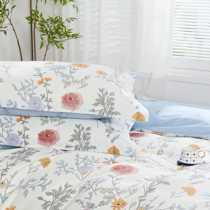 SAPHREAS Floral Duvet Cover Set King Size 3pcs Garden Style Botanical Flower Leaves Pattern Bedding Comforter Cover Set 100% Cotton 1 Duvet Cover 104"x90" 2 Pillow Shams, Comforter Not Included