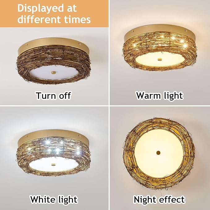 11 inch Rattan Light Fixture Boho Flush Mount Ceiling Light Hand Woven LED Ceiling Lamp for Hallway Bedroom Kitchen Entryway Living Room Nursery