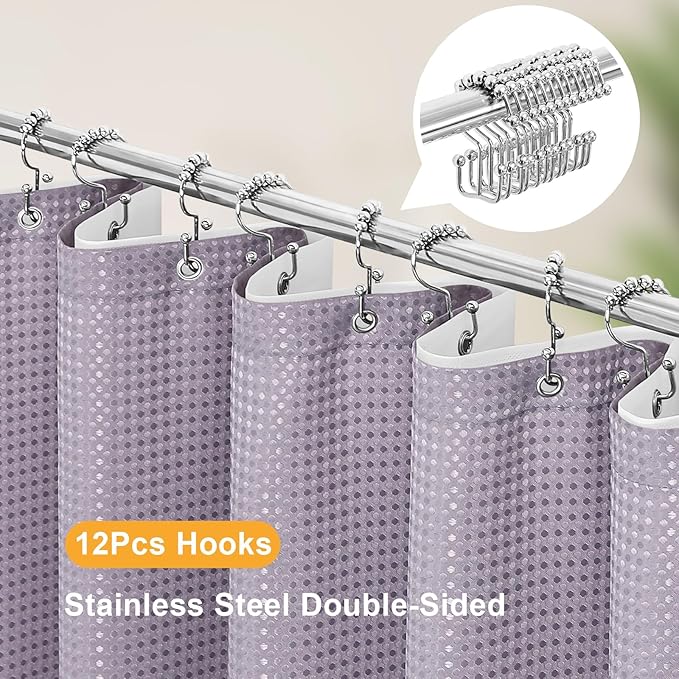 3 in 1 Shower Curtain Set, Purple Waffle Shower Curtain and PEVA Liner Set with 12 Stainless Steel Shower Curtain Hooks, Lavender Waterproof Fabric Shower Curtains for Bathroom, 72 W x 72 H