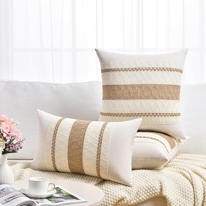 Fancy Homi Set of 2 Boho Neutral Euro Decorative Throw Pillow Cover 26x26 Inch for Couch Bed Bedroom, Aesthetic Modern Organic Farmhouse Room Decor, Soft Cotton Accent Macrame Woven Tan Cushion Case