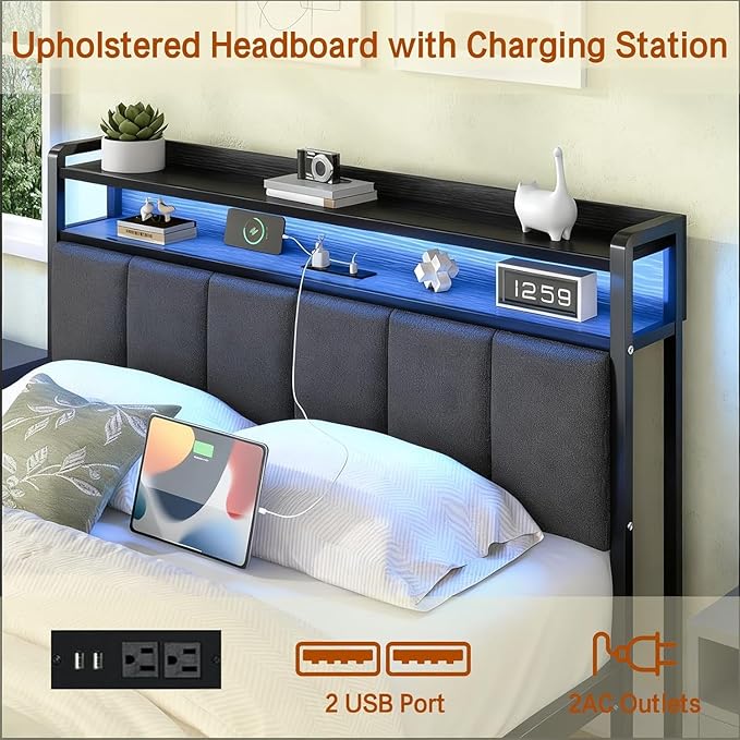 King Bed Frame with LED Lights and Charging Station, Metal Platform Bed Frame King with Upholstered Storage Headboard, Heavy Duty Metal Slats, No Box Spring Needed, Easy Assembly, Dark Grey