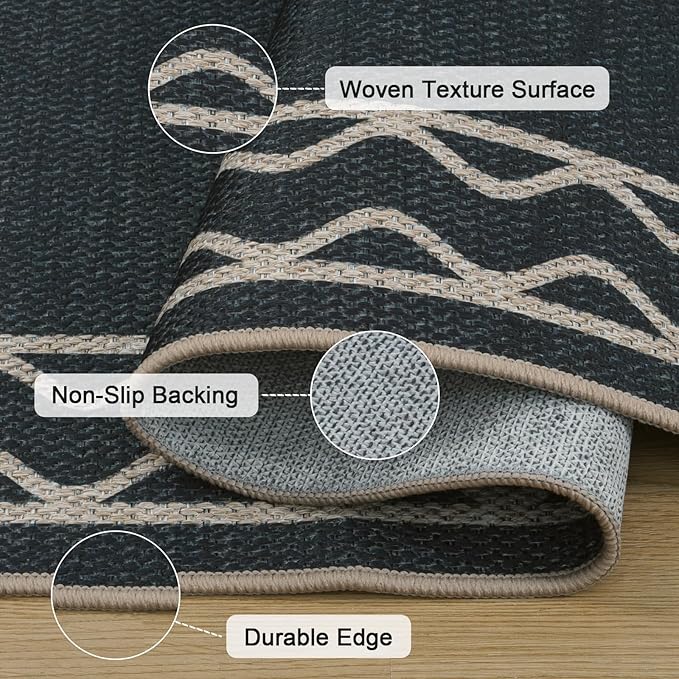 OJIA Easy Jute Washable Rugs 5x7 Outside Rug, Modern Outdoor Patio Rug for Living Room Wavy Border Indoor Outdoor Rug Farmhouse Non-Slip Black Carpet Geometric Area Rug for Backyard Dining Room