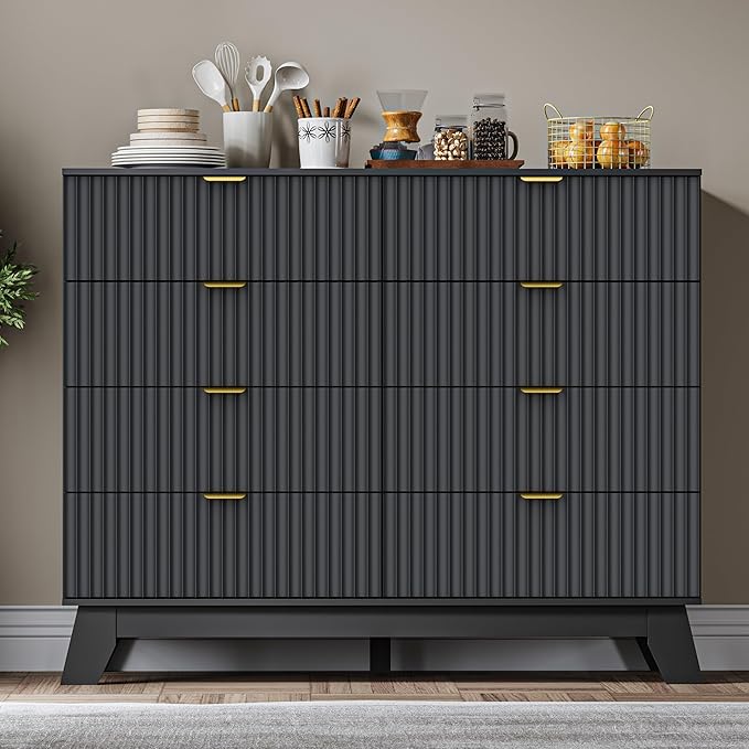Fluted 8 Drawer Tall Dresser, 47.2" Wide Modern Boho Chest of Drawers, Wooden Storage Dresser TV Stand for Bedroom, Living Room, Closet, Hallway, Curved Profile Design
