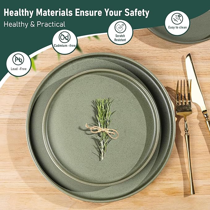 GBhome Ceramic Dinnerware Sets for 6, Matte Stoneware Plates and Bowls Sets,Chip and Scratch Resistant Dishes, Dishwasher & Microwave Safe, Oven safe,Reactive Glaze-Green