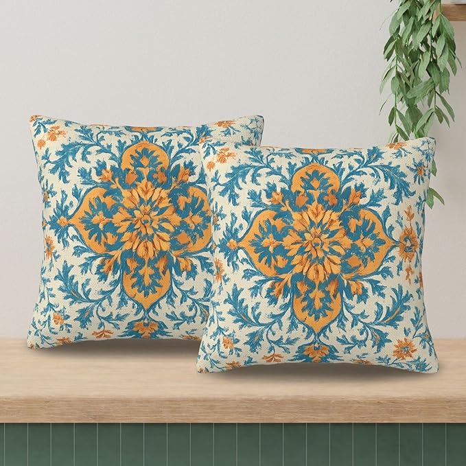 Blue Orange Boho Pillow Covers 20x20 Inch Set of 2 Ethnic Carpet Pattern Floral Outdoor Decorative Throw Pillows Fall Vintage Cushion Covers for Sofa Bed Couch Living Room Decor