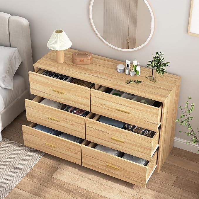 Dresser for Bedroom,Modern 6 Drawer Dresser with Deep Drawer and Gold Handle,Wood Chest of Drawer for Living Room,Hallway,Bedroom Storage Furniture