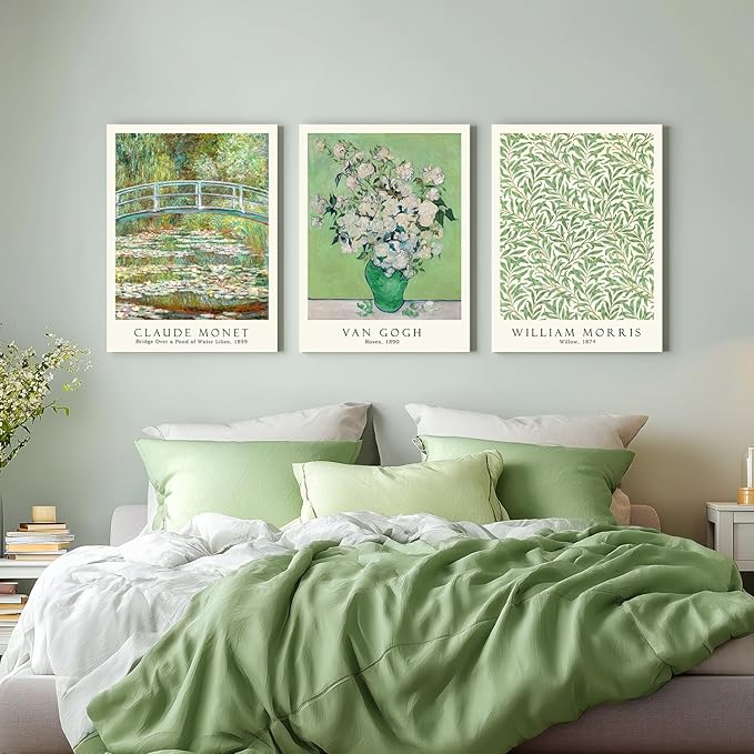 FASWQ Framed Monet Van Gogh William Morris Wall Art, Grass Botanical Wall Decor, Mid Century Impressionist Canvas Paintings, Modern Green Landscape Poster Print for Living Room Bedroom 12"x16"x3