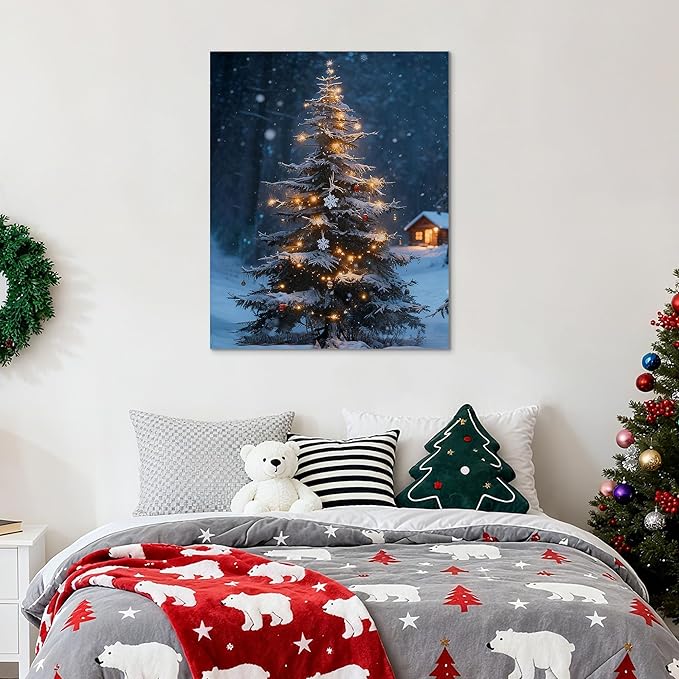 Framed Christmas Pictures Wall Decor,Vintage Pine Tree Prints,Winter Christmas Canvas Wall Art Decoration for Bedroom Bathroom Living Room Rustic Xmas Holiday Gifts (Christmas Tree 19, 16'' X 20'')