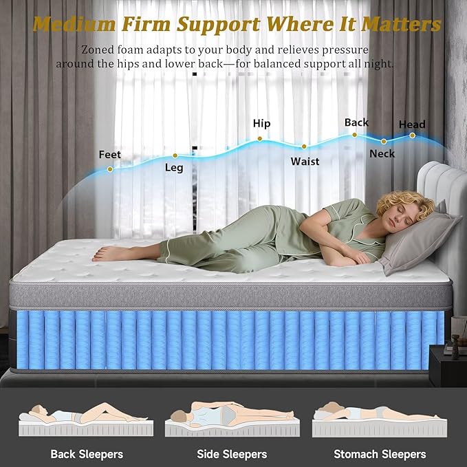 inight Queen Mattress 14 Inch, Individual Wrapped Pocket Springs Zoned Hybrid Mattress with Gel Memory Foam, Ergonomic Pressure Relief, Enhanced Edge Support, Breathable Comfort Night, 365-Night Trial