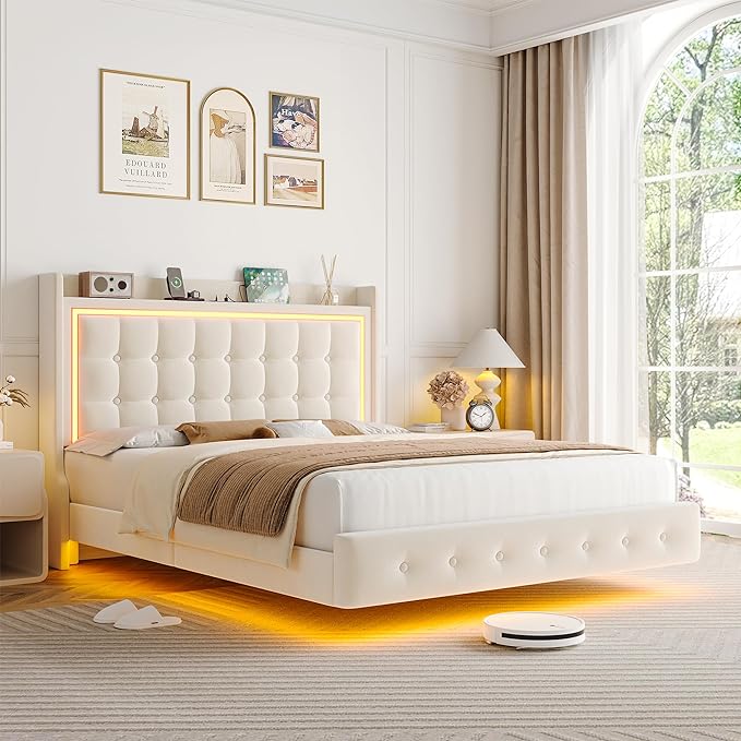 Keyluv Upholstered Queen Floating Bed Frame with RGB LED Lights and Charging Station, Velvet Platform Bed with Button Tufted Storage Headboard, Type-C & USB Charging Ports, No Box Spring Needed, Beige