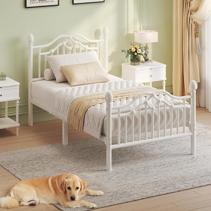 Twin Metal Platform Bed Frame, Bed Frame with Victorian Headboard and Footboard, Strong Metal Slats Support, Mattress Foundation No Box Spring Needed, Easy Assembly, Noise Free, White