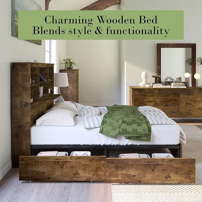 AMERLIFE Queen Size Bed Frame Wooden Platform Bed with 51.2" LED Storage Bookcase Headboard, 4 Storage Drawers & Charging Station/No Box Spring Needed/Noise Free/Rustic Brown
