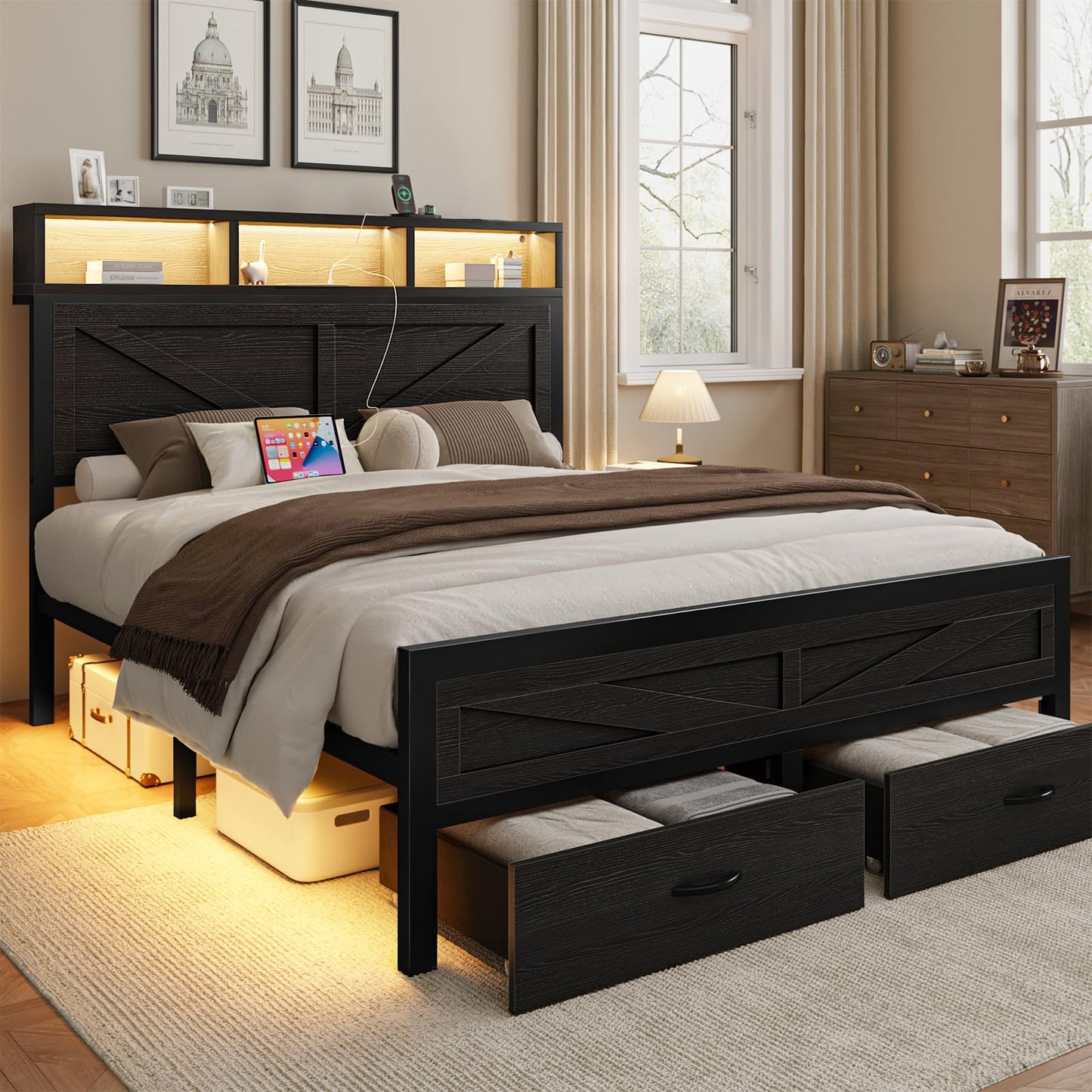 Rustic King Size Bed Frame with Storage Drawers, LED King Bed Frame with Barn Door Headboard and Charging Station, Metal Industrial Platform Bed Frames, No Box Spring Needed, Black