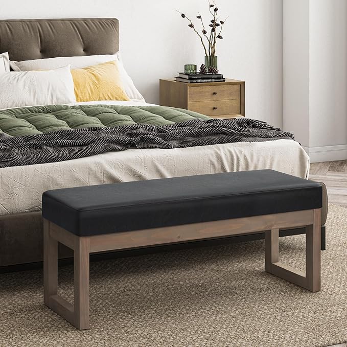 SIMPLIHOME Milltown 45 inch Wide Contemporary Rectangle Large Ottoman Bench in Midnight Black Vegan Faux Leather, Assembled, For the Living Room and Bedroom