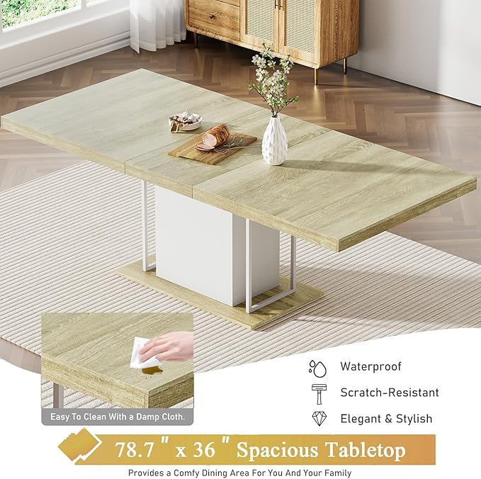 Goujxcy 78.7" Farmhouse Extendable Dining Room Table Set for 4, 5-Piece Rectangle Kitchen Dining Room Table Set with Wood Base and 4 Blue Velvet Dining Chairs, Transformer Kitchen & Dining Table Set