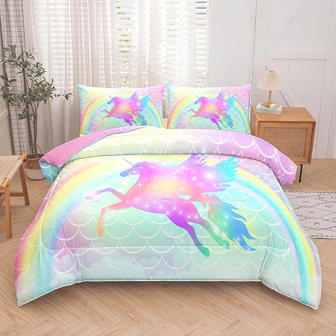 Tailor Shop Unicorn Comforter Sets King Size,Rainbow Unicorn Bedding Sets for Girls Kids Teens with 2 Pillowcase…