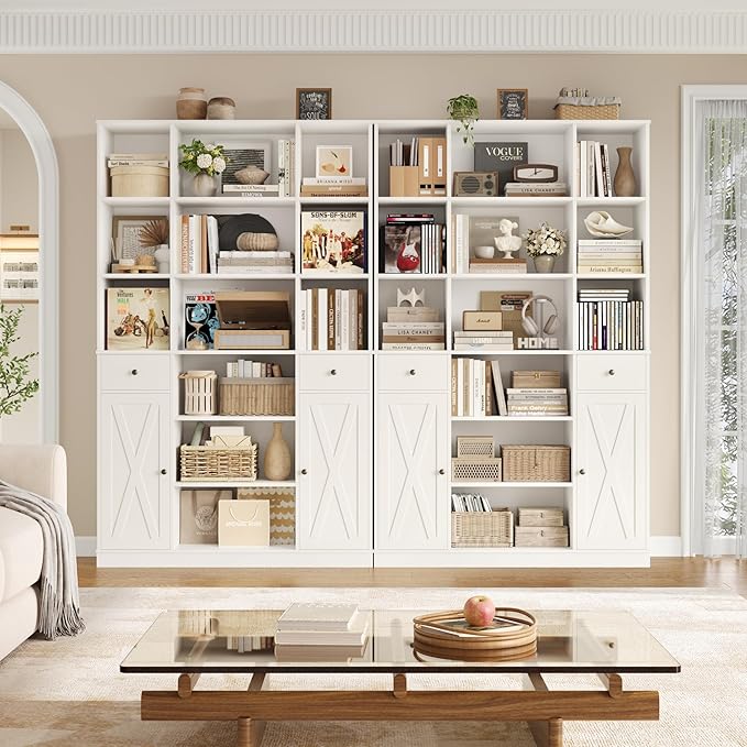 HOSTACK 74" Tall Book Shelf and Bookcase, 45" Wide Bookcase with Doors and Drawers, Modern 6 Tier Bookshelf with Storage, Large Wood Display Cabinet with Adjustable Shelves for Home Office, White
