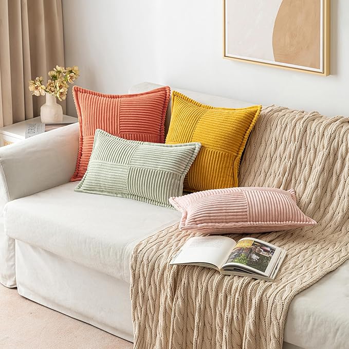 MIULEE Decorative Lumbar Throw Pillow Covers for Couch Bed Livingroom 12x20 Inch Set of 2 Coral Red Boho Accent Throw Pllows Broadside Striped Patchwork Soft Corduroy Summer Pillowcases