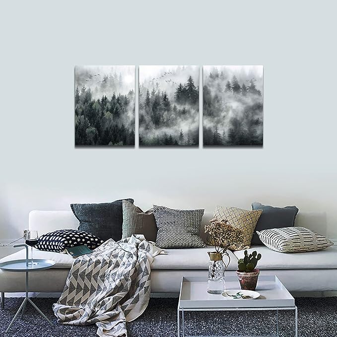 MHARTK66 Canvas Wall Art for Living Room - Modern Decorations for Bedroom, Foggy Forest Trees Landscape Painting - Office Decor Ready to Hang, Framed Pictures, 12x16 3 Panels