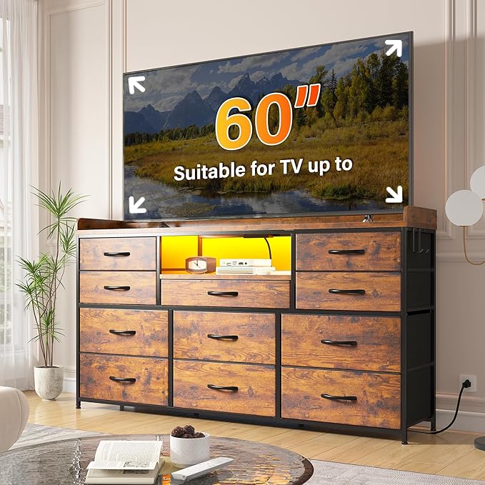 Dresser TV Stand with 11 Drawers for 60" TV Stand for Bedroom with LED Lights & Power Outlets Long Dresser for Bedroom with Shelves & 4 Hooks, Sturdy Metal Frame & Thick Wood Top, Rustic Brown