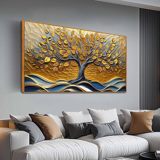 Tree Wall Art for Living Room, Gold Canvas Wall Decor for Bedroom, Picture Print Artwork, Large Size 59 x 29 Inches Framed