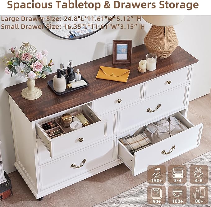 Farmhouse 7 Drawers Dresser for Bedroom, White 54 Inch Wide Chest of Drawers w/ 4 Wooden Legs, Large Vintage Rustic Closet Dressers for Living Room, Wood TV Stand with Storage Organizer