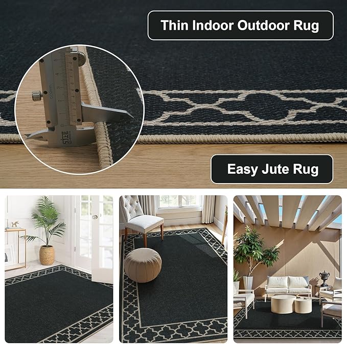 OJIA Easy Jute Washable Rugs 5x7 Outdoor Rug, Modern Area Rug Patio Rug Living Room Rugs Bordered Indoor Outdoor Rug Farmhouse Non-Slip Carpet Geometric Black Rug for Backyard Dining Room